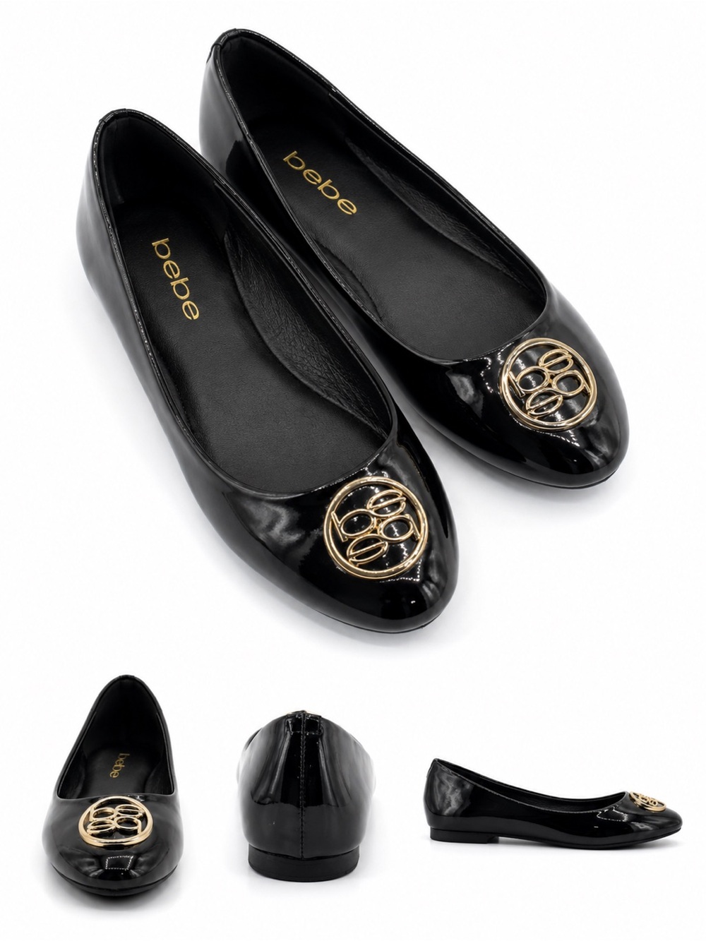 bebe Black Ballet Flats with Gold Logo Accent - Size 8.5